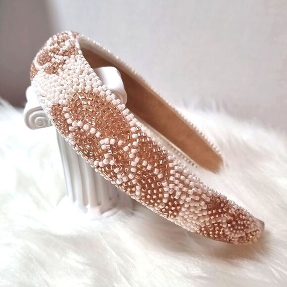 GOLDEN ROSE PATTERN JEWELED BEADED HEADBAND - Picture 1 of 10